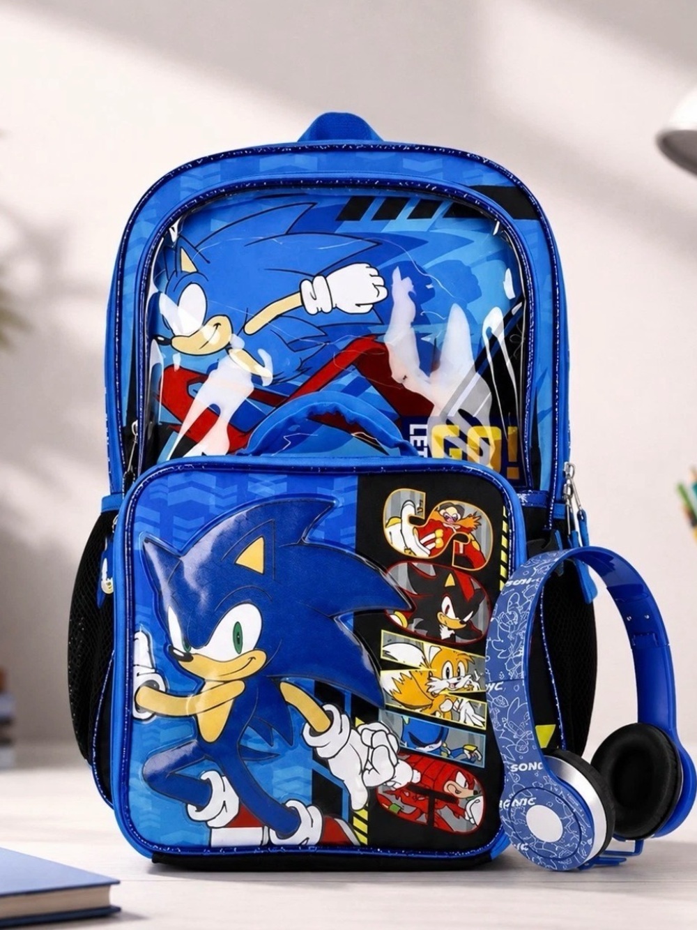 Sonic the Hedgehog 17" Backpack, Lunch Tote and Headphones Set, 3-Piece, Blue